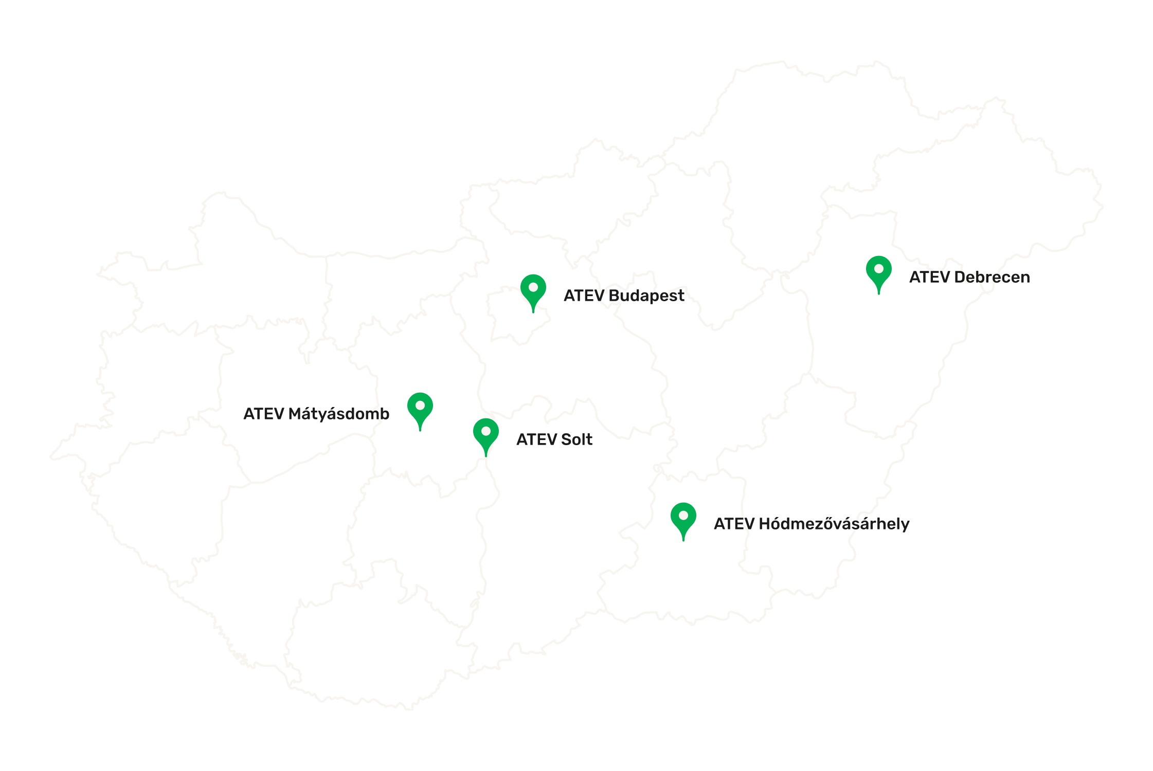 Magyarország térképe az ATEV állati melléktermék-feldolgozó üzemek helyszíneivel. Az öt telephely: Budapest, Debrecen, Hódmezővásárhely, Solt és Mátyásdomb.